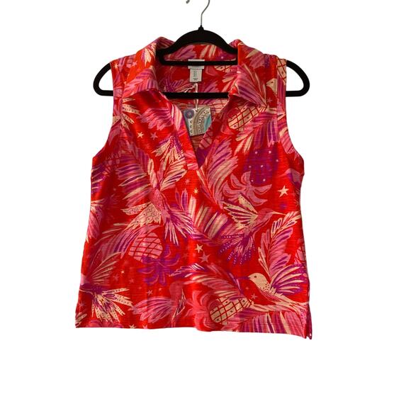 Sigrid Olsen Floral Print Pink Red Sleeveless Cotton V Neck NWT Women Small Top - Picture 1 of 7